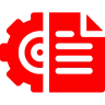 Red gear and document icon on black