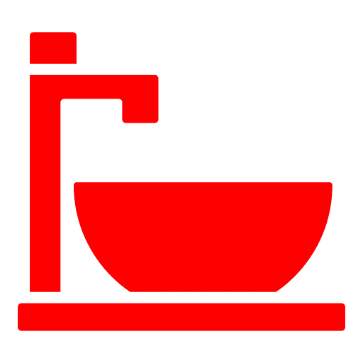 Red sink and faucet icon on black.