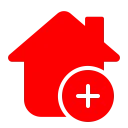 Red house icon with plus sign
